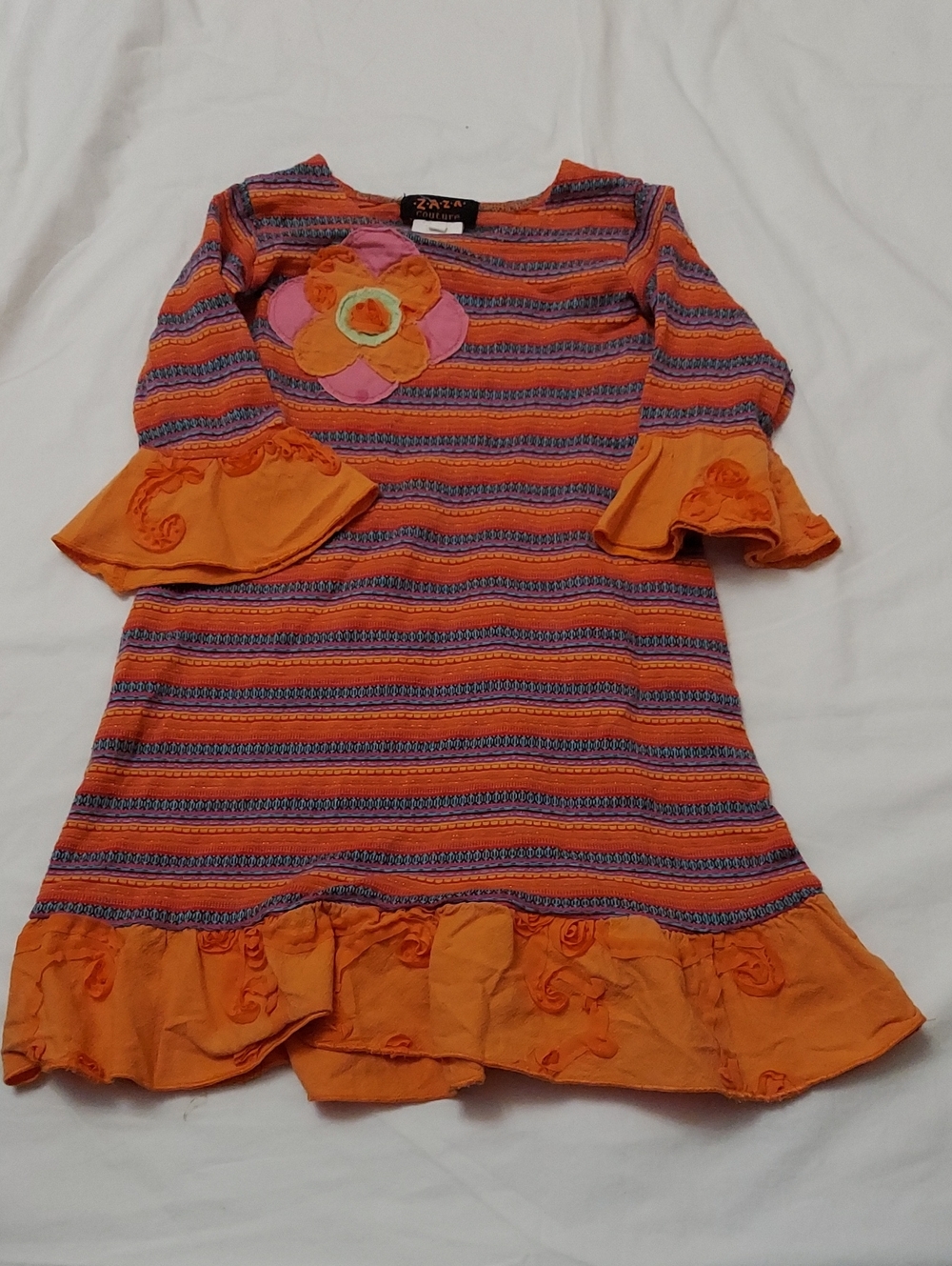 Zaza Couture Orange & Purple Striped Floral Boho Dress Girl Size 5